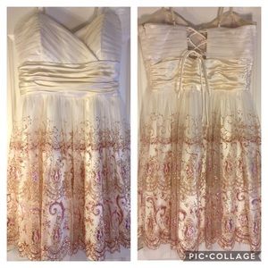 Cream Prom Dress with Delicate Gold/Rose Pattern